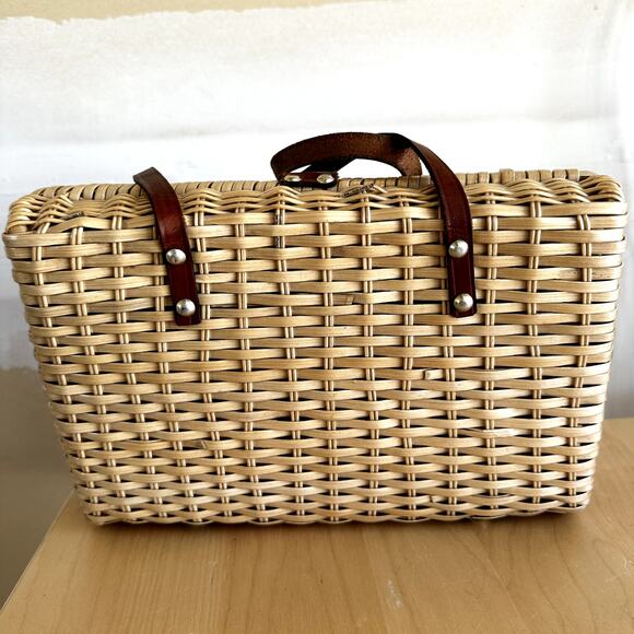 VTG Rattan Basket Square Handbag 80s Sturdy Eco Friendly Leather Strap Cream - Picture 2 of 8